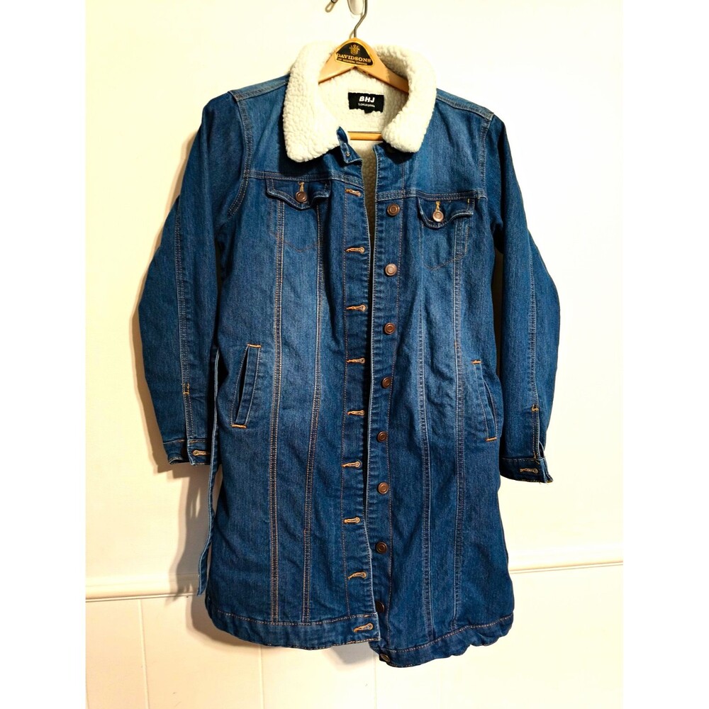 Womens Sherpa Lined Button Front Jean Jacket Blue/White M barn jacket chore EXC
